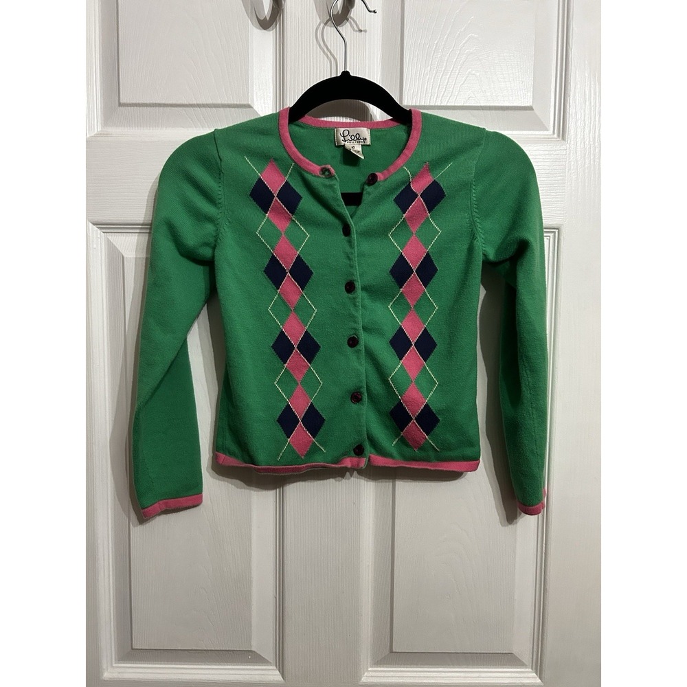 VTG Lilly Pulitzer Girls 10 argyle cardigan green diamond cotton button preppy